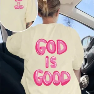 Women's 'God is Good' Oversized Christian T-Shirt, Beige