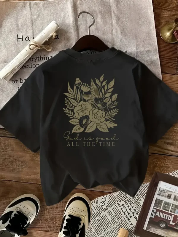 Women's Christian Floral T-Shirt 'God is Good All the Time', Black - Image 3
