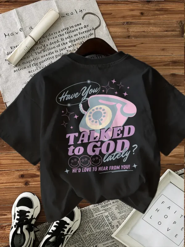 Women's Vintage Christian "Have You Talked to God" Graphic T-Shirt, Black - Image 3