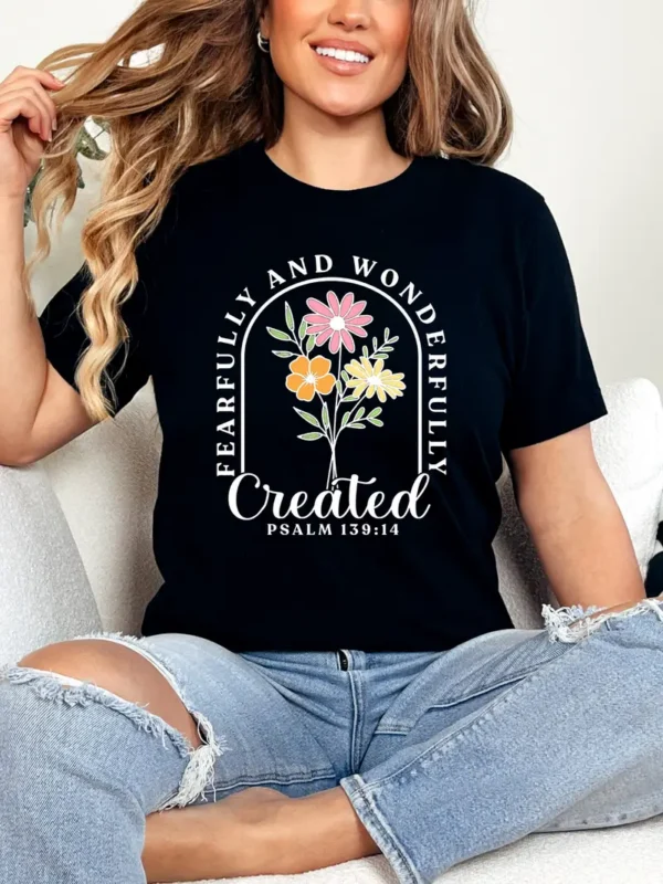 Women's Floral Print T-Shirt - Fearfully and Wonderfully Created, Psalm 139:14, Black