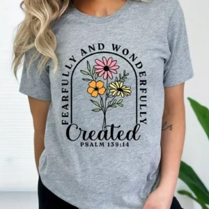 Women's Floral Print T-Shirt - Fearfully and Wonderfully Created, Psalm 139:14, Gray