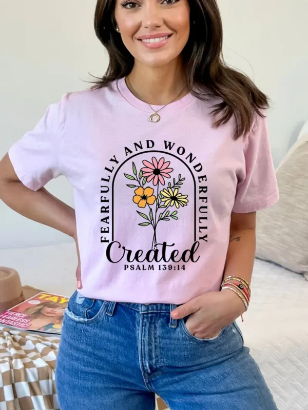 Women's Floral Print T-Shirt - Fearfully and Wonderfully Created, Psalm 139:14, Pink