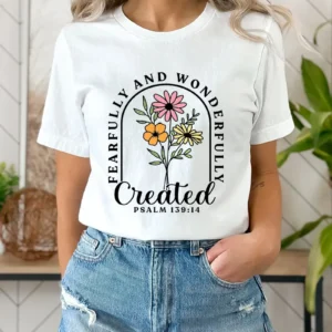 Women's Floral Print T-Shirt - Fearfully and Wonderfully Created, Psalm 139:14, White