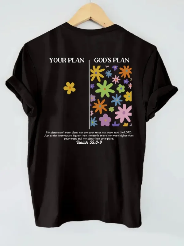 Women's Christian Floral T-Shirt 'Your Plan vs God’s Plan', Black - Image 2