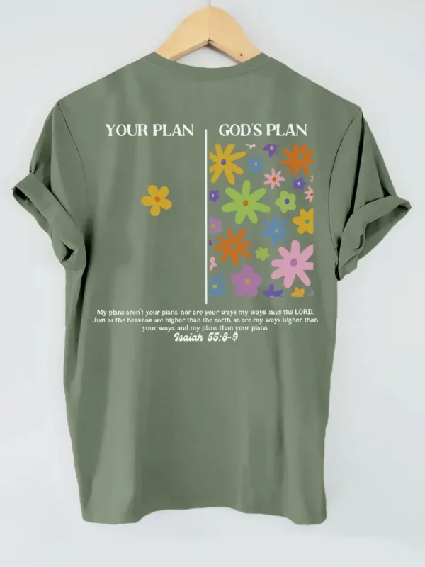 Women's Christian Floral T-Shirt 'Your Plan vs God’s Plan', Green - Image 2