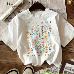 Women's Floral Print T-Shirt - It Is Well With My Soul, White