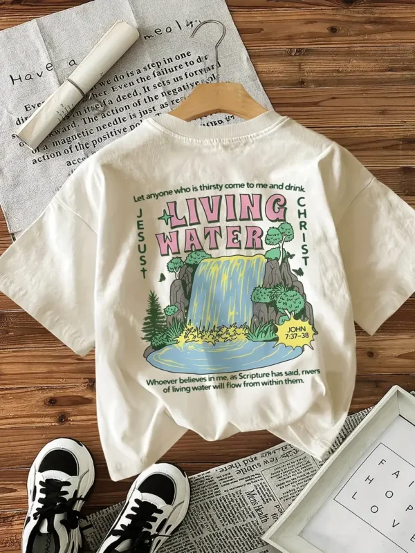 Women's Floral Print T-Shirt - Living Water, John 7:37, Beige - Image 3
