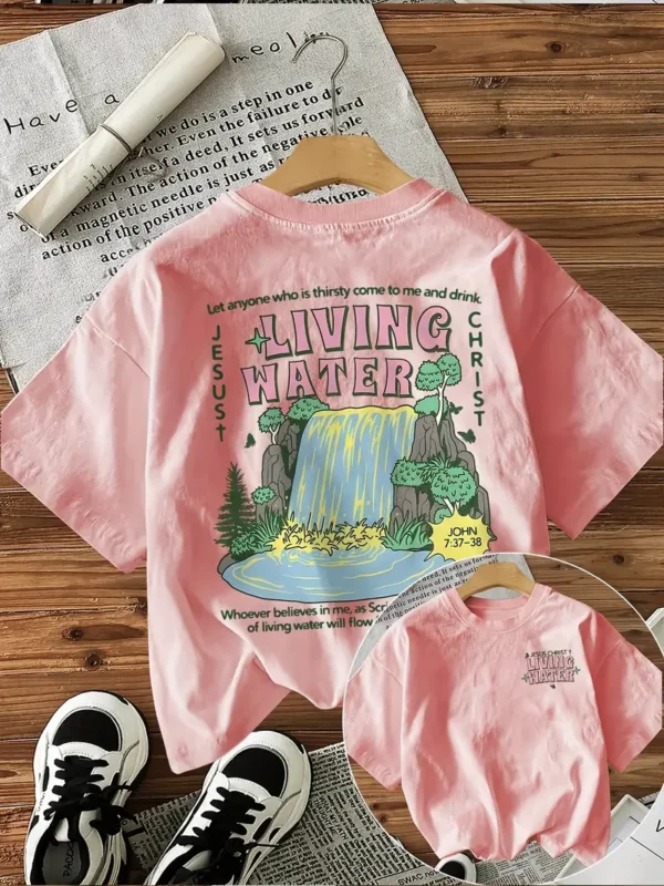 Women's Floral Print T-Shirt - Living Water, John 7:37, Pink