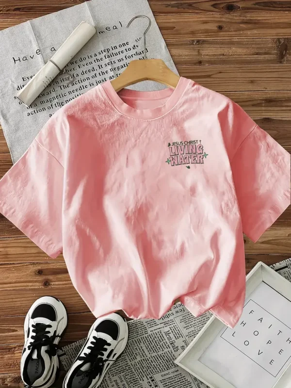 Women's Floral Print T-Shirt - Living Water, John 7:37, Pink - Image 2