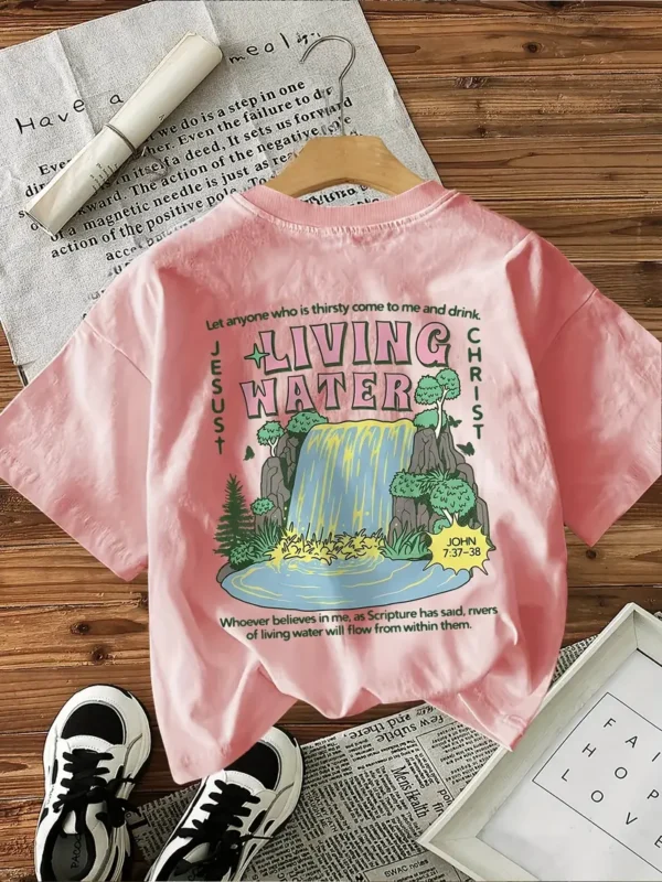 Women's Floral Print T-Shirt - Living Water, John 7:37, Pink - Image 3