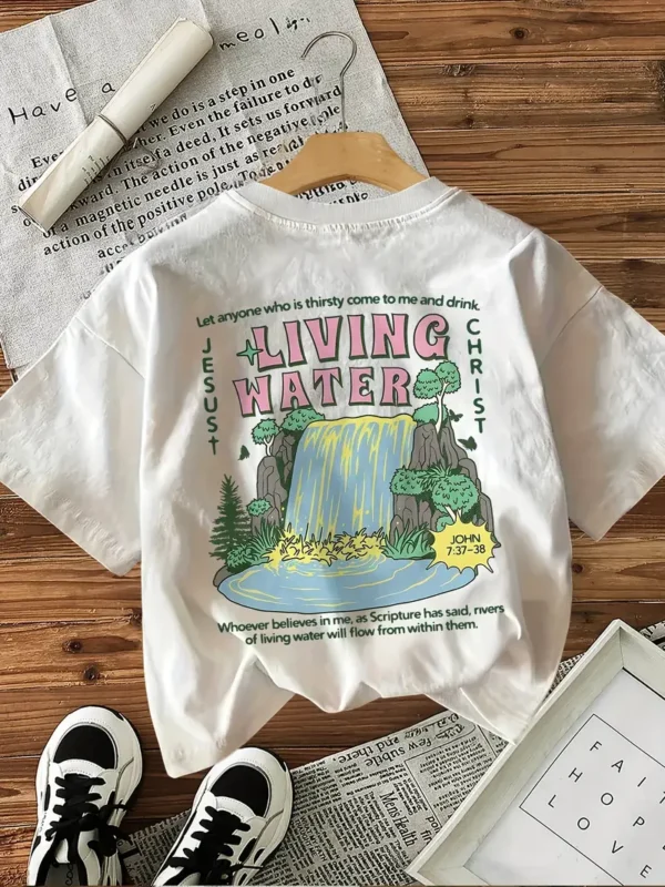 Women's Floral Print T-Shirt - Living Water, John 7:37, White - Image 3